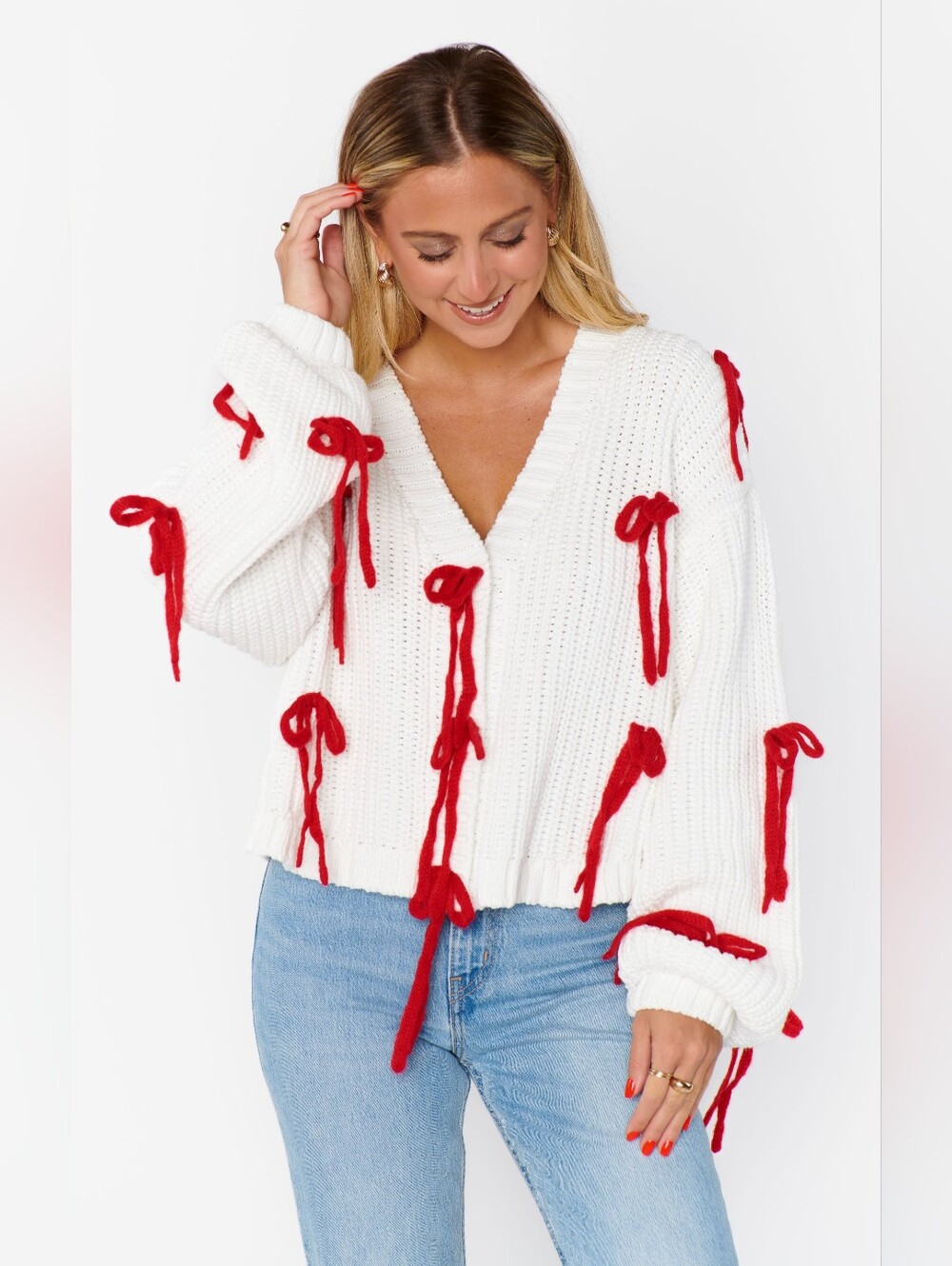 Show Me Your Mumu White Chunky Knit Cardigan Sweater with Red Bows Size Small